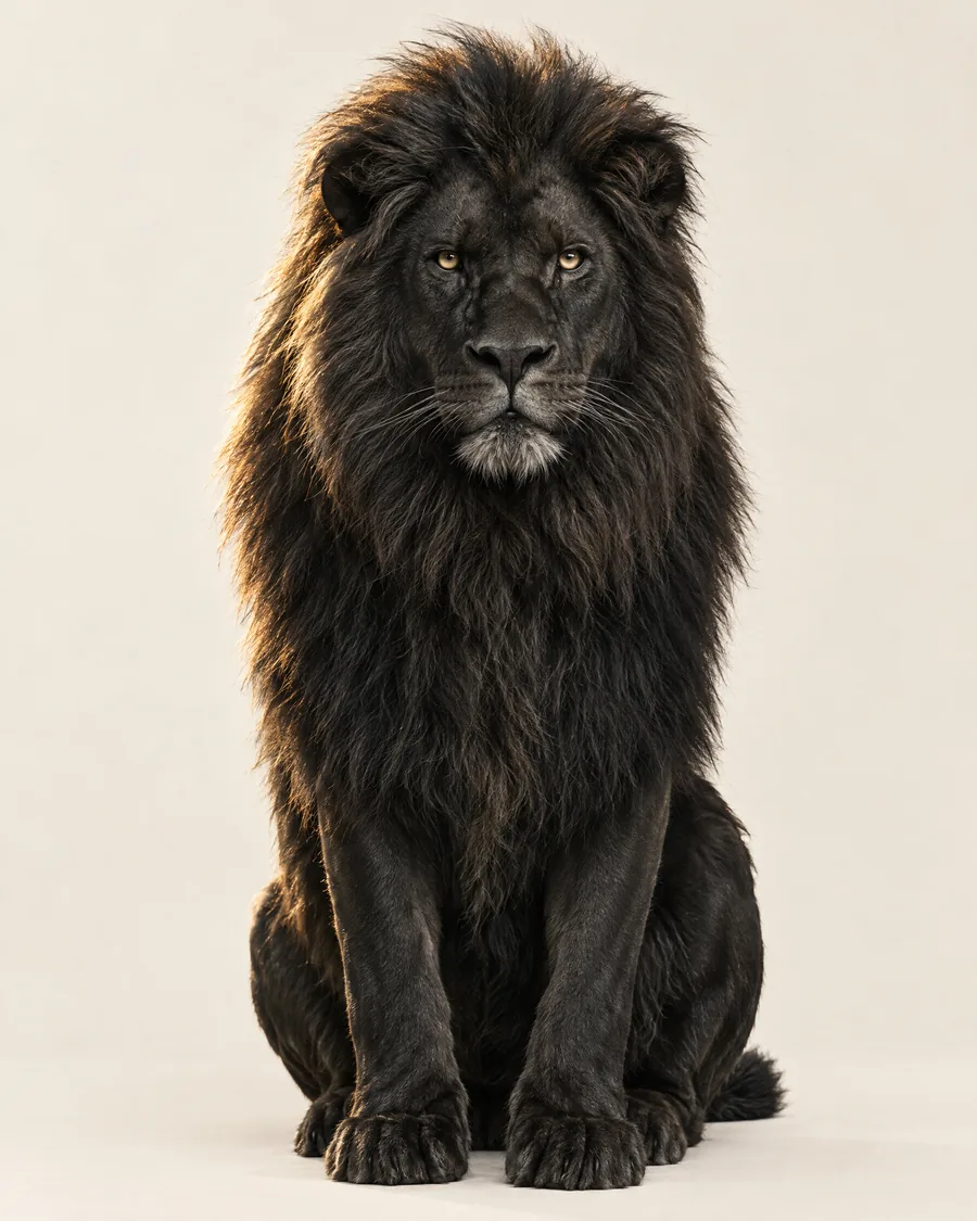 A black lion standing on clean paper, lit by a thin gold rim light